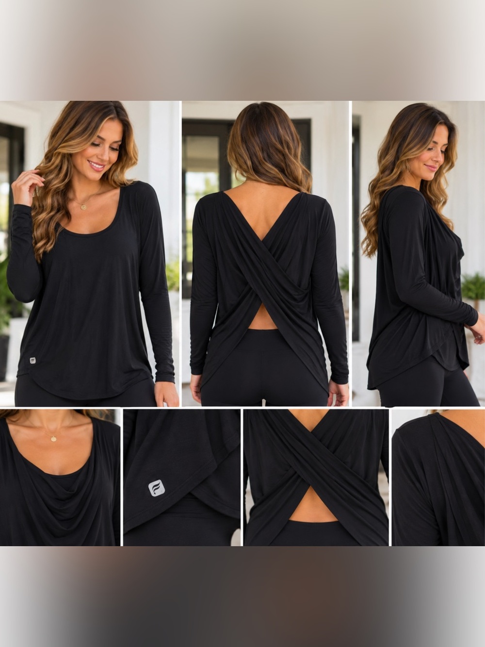 Fabletics Black Long-Sleeve Crisscross Back Top